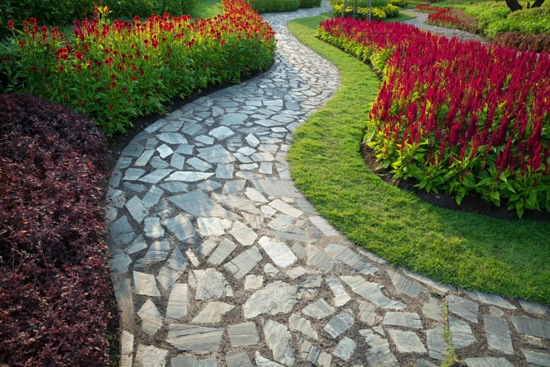 A curving paver stone pathway bordered by colorful red and yellow flowers in a well-manicured garden.