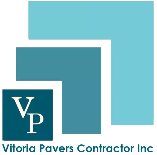 Logo of Vitória Pavers Contractor Inc, featuring stylized blue letters "VP" on a dark blue square, emphasizing their expertise in paving stone installation and the company name in light blue blocks.